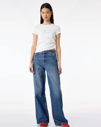 Tricou crop cu detalii brodate, Turcoaz/Alb optic