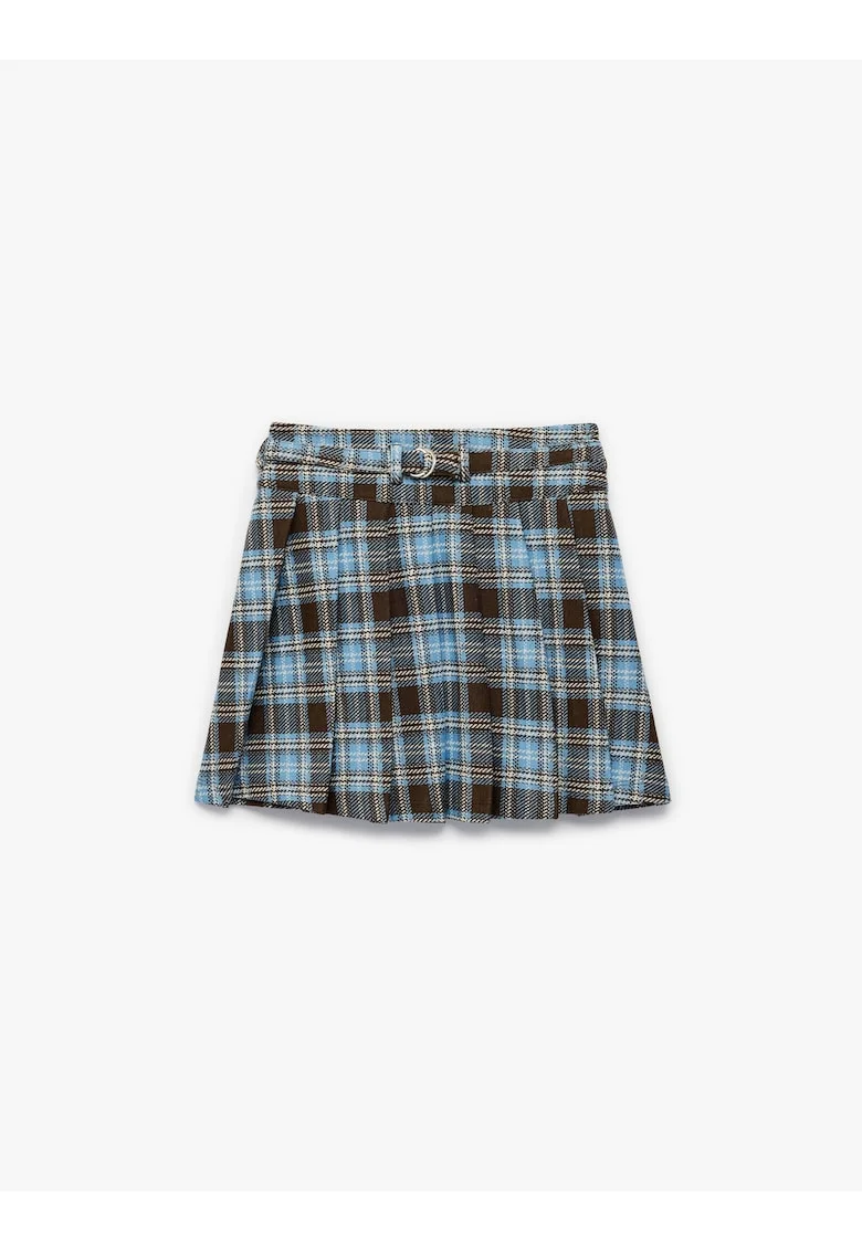 Fusta mini evazata cu model in carouri, Maro inchis/Albastru lavanda