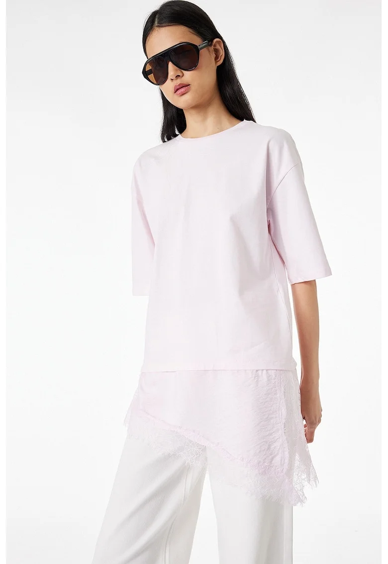 Tricou cu maneci medii si garnitura de dantela, Roz pal