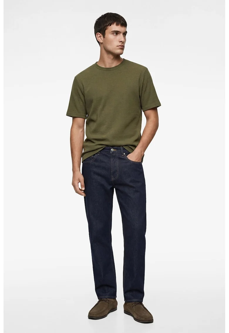 Tricou texturat cu decolteu la baza gatului, Kaki