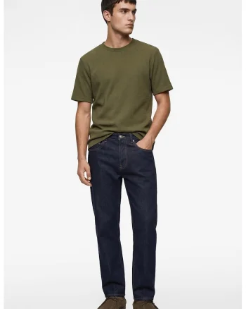 Tricou texturat cu decolteu la baza gatului, Kaki