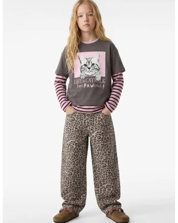 Tricou de bumbac cu imprimeu pisica, Gri carbune
