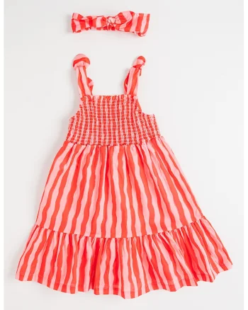Rochie cu model in dungi si bentita, Rosu/Roz