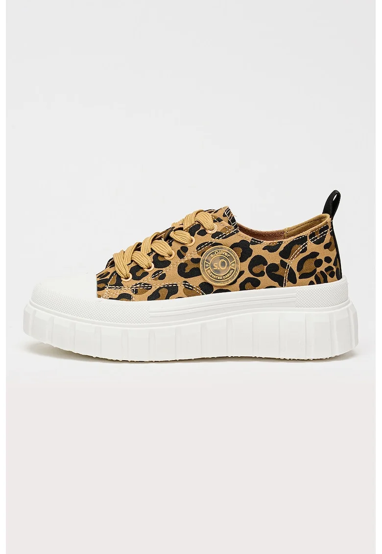 Tenisi flatform din material textil cu aplicatie logo, Negru/Maro