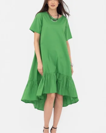Rochie A-line din poplin, asimetrica, cu volan la baza, verde