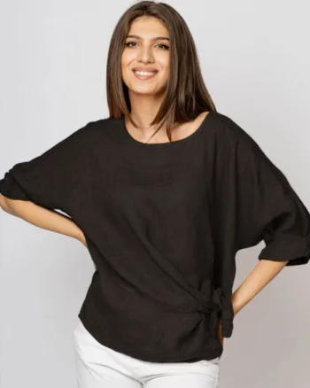 Bluza din in gri inchis masura mare cu nod pe talie