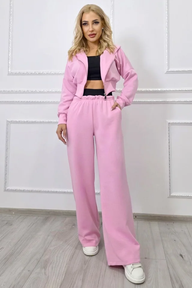 Compleu trei piese ELINA, cu bustiera, hanorac si pantaloni lejeri, Roz, Marime S/M