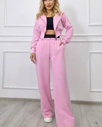 Compleu trei piese ELINA, cu bustiera, hanorac si pantaloni lejeri, Roz, Marime S/M