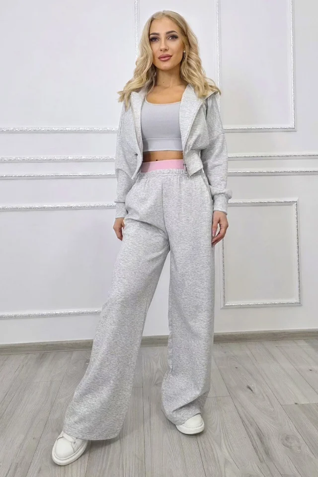 Compleu trei piese ELINA, cu bustiera, hanorac si pantaloni lejeri, Gri, Marime S/M