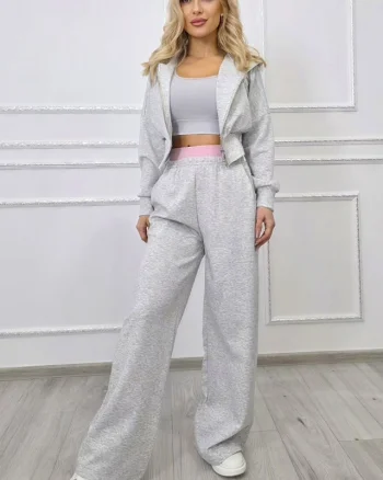 Compleu trei piese ELINA, cu bustiera, hanorac si pantaloni lejeri, Gri, Marime S/M