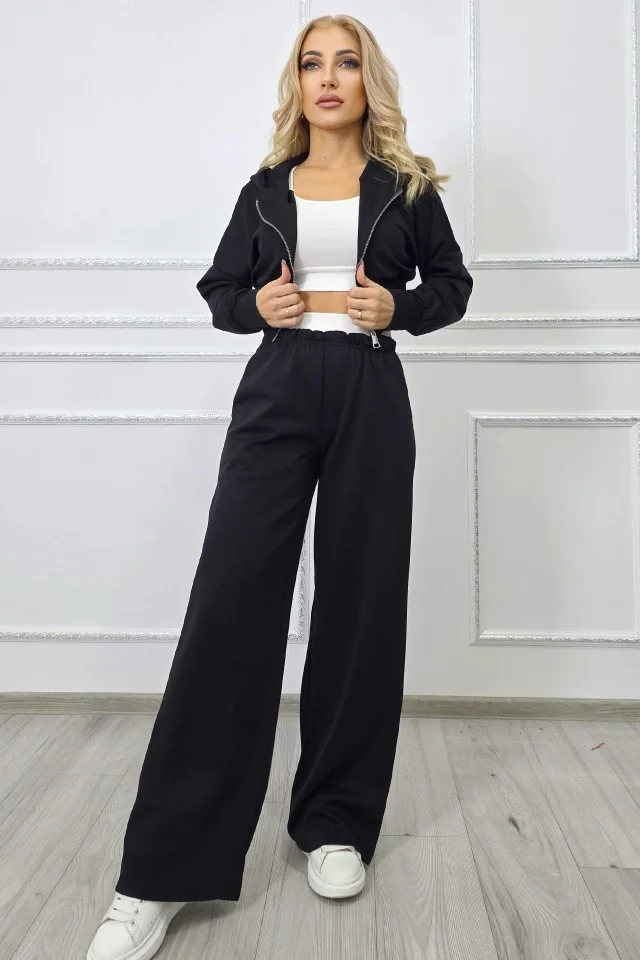 Compleu trei piese ELINA, cu bustiera, hanorac si pantaloni lejeri, Negru, Marime S/M