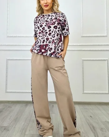 Compleu casual Calista, cu tricou oversize animal print si pantaloni, BEJ