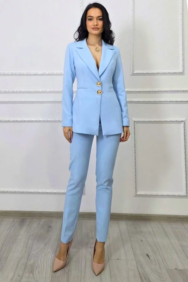Costum office ARLENA, cu sacou cambrat si pantaloni conici, Baby BLUE