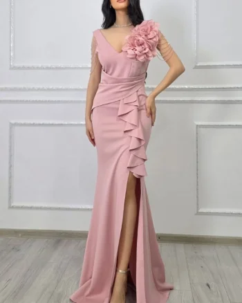 Rochie de gala ISALYN, cu siraguri de cristale in cascada si floare 3D, Roz pudrat