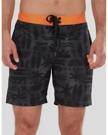 Pantaloni scurti de baie cu buzunare cu clapa Salimu, Negru stins/Portocaliu mandarina