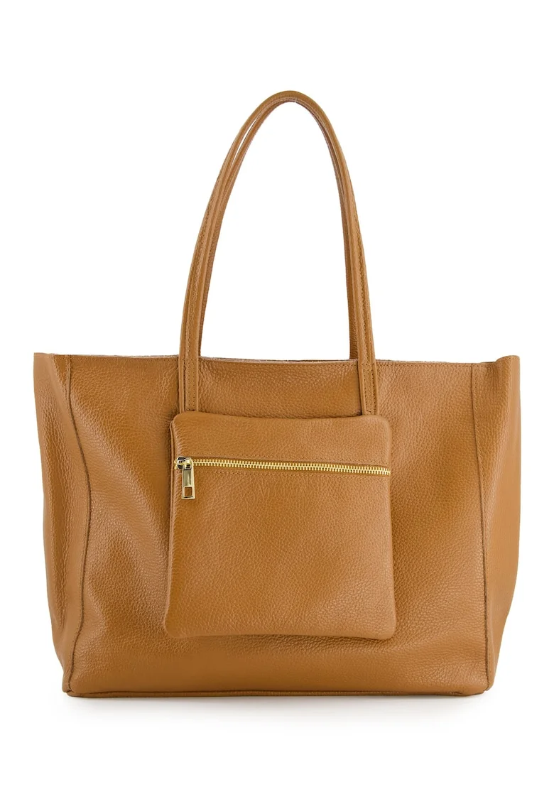 Geanta shopper  din piele naturala, maro, 37x29x13cm, cu un buzunar exterior