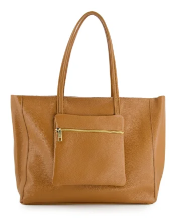 Geanta shopper  din piele naturala, maro, 37x29x13cm, cu un buzunar exterior