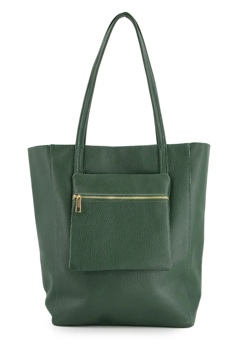 Geanta shopper pentru femei,  piele naturala, verde, 37x27x13cm, cu un buzunar exterior