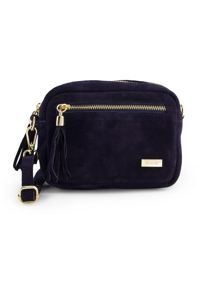 Geanta messenger  din piele intoarsa albastra, cu franjuri, 14x20x7cm, curea detasabila max 129cm
