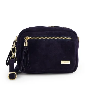 Geanta messenger  din piele intoarsa albastra, cu franjuri, 14x20x7cm, curea detasabila max 129cm
