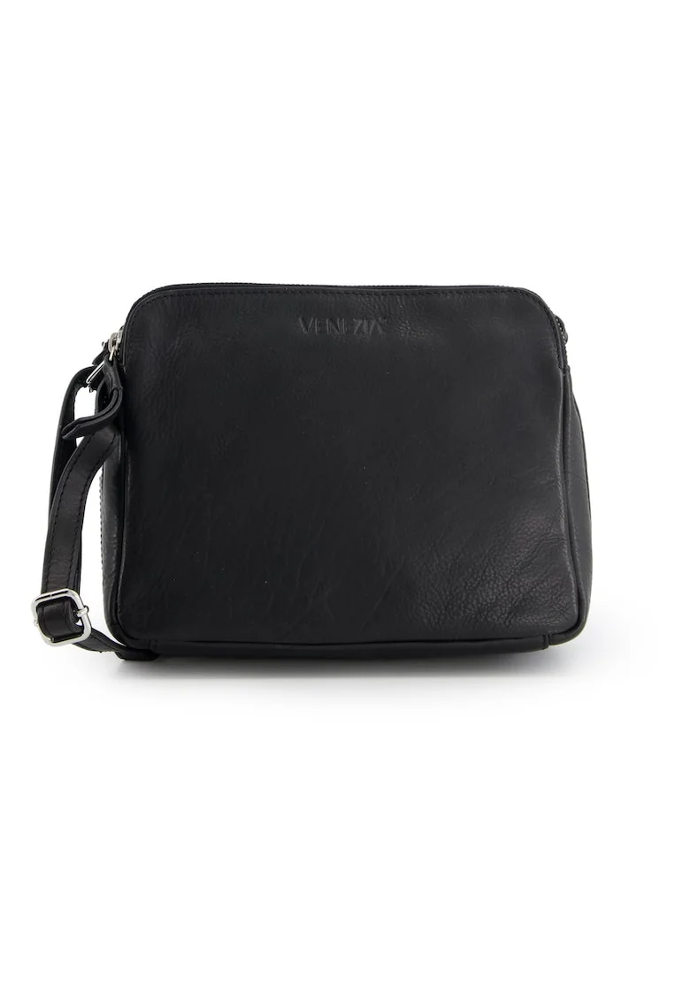 Geanta messenger  piele naturala, neagra, 18x24x8,5cm, 3 compartimente, curea reglabila max 136cm