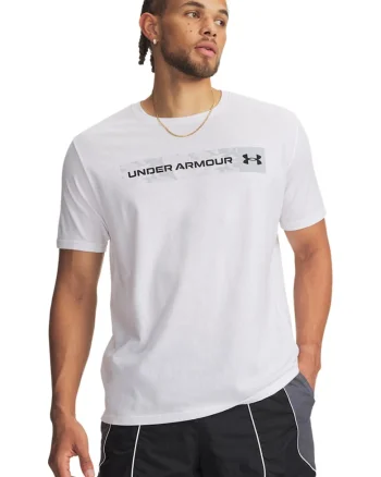 Tricou cu decolteu la baza gatului si imprimeu logo cu camuflaj, Alb/Negru/Gri