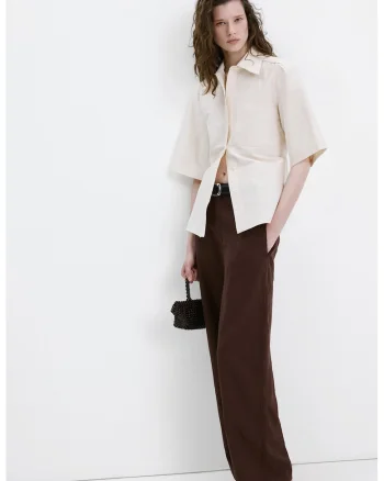 Pantaloni din amestec de in cu croiala ampla, Maro cognac