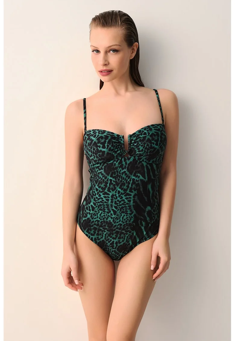 Costum de baie intreg cu bretele detasabile si animal print, Verde/Negru
