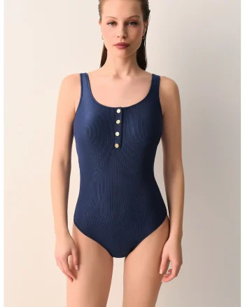 Costum de baie intreg cu striatii, Bleumarin
