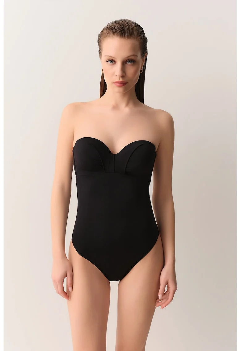 Costum de baie intreg cu bretele ajustabile si detasabile, Negru
