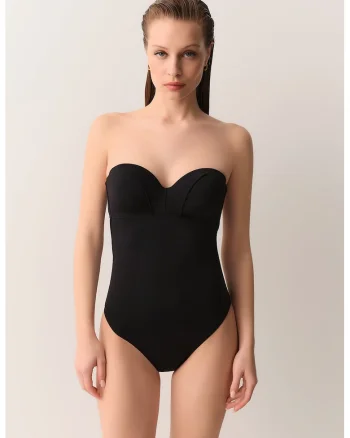 Costum de baie intreg cu bretele ajustabile si detasabile, Negru