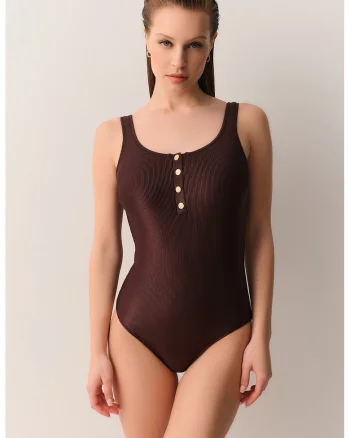 Costum de baie intreg cu striatii, Maro inchis