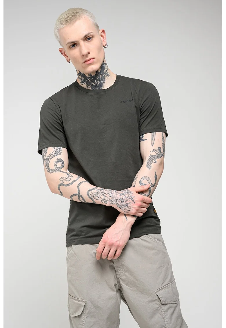 Tricou slim fit de bumbac organic cu decolteu la baza gatului Base, Alb/Verde masliniu