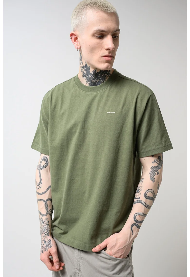 Tricou din amestec de bumbac organic cu decolteu la baza gatului, Verde