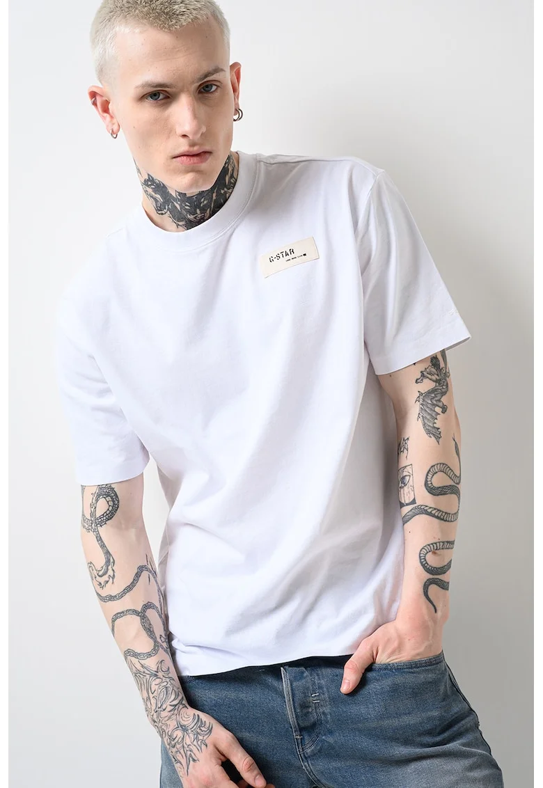 Tricou relaxed fit de bumbac organic Badge, Alb