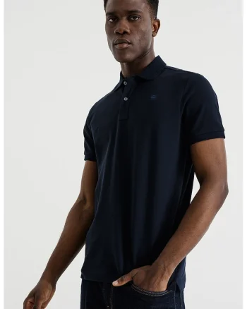 Tricou polo slim fit din amestec de bumbac organic cu logo discret Dunda, Bleumarin