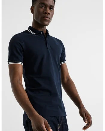 Tricou polo slim fit Dunda, Alb optic/Bleumarin