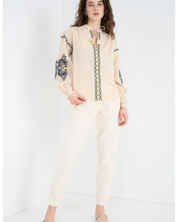 Bluza tunica brodata Beliza, Bej deschis/Bleumarin