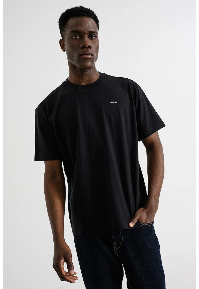 Tricou din amestec de bumbac organic cu decolteu la baza gatului, Negru