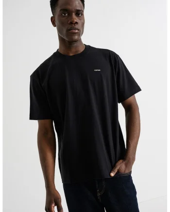 Tricou din amestec de bumbac organic cu decolteu la baza gatului, Negru