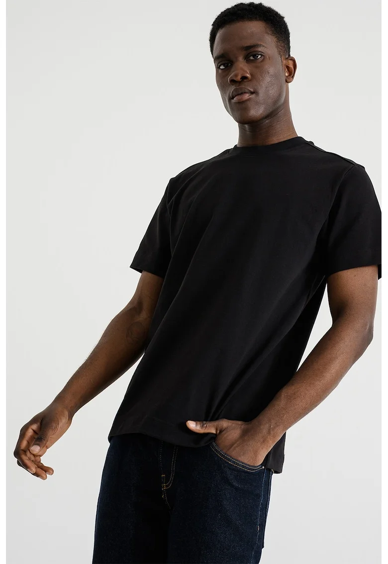Tricou din bumbac organic cu decolteu la baza gatului, Negru
