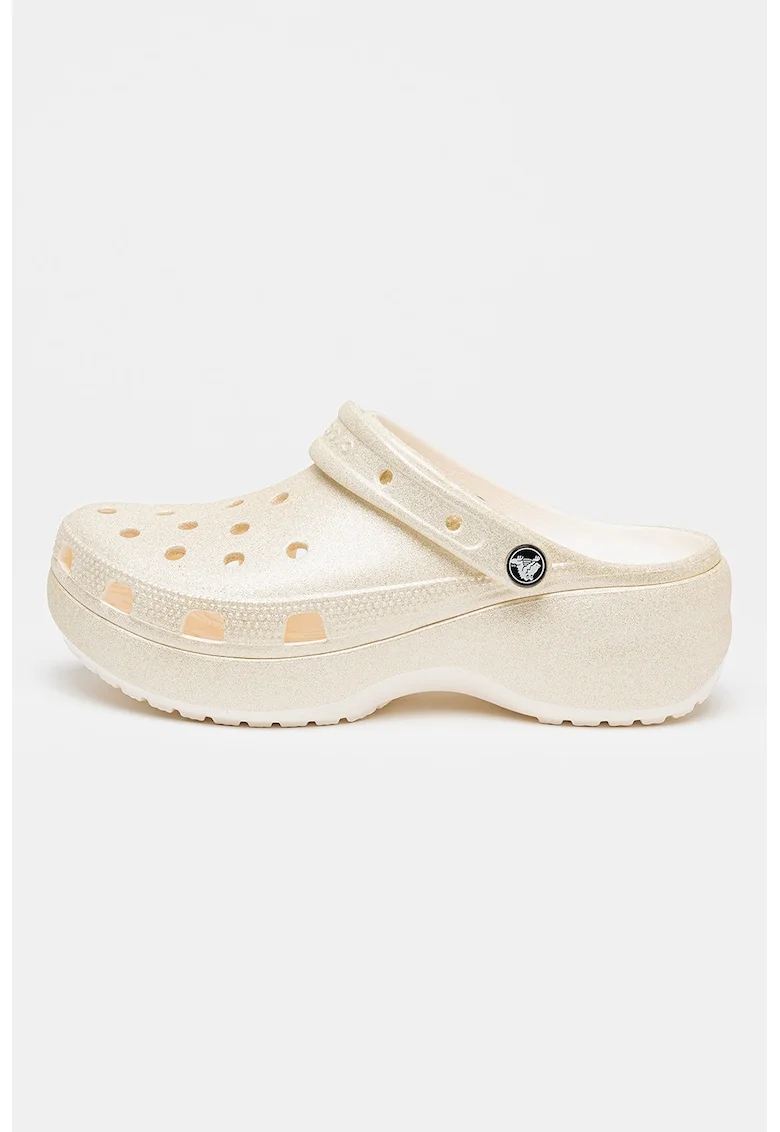 Saboti slingback flatform cu aspect stralucitor Classic, Alb fildes/Argintiu