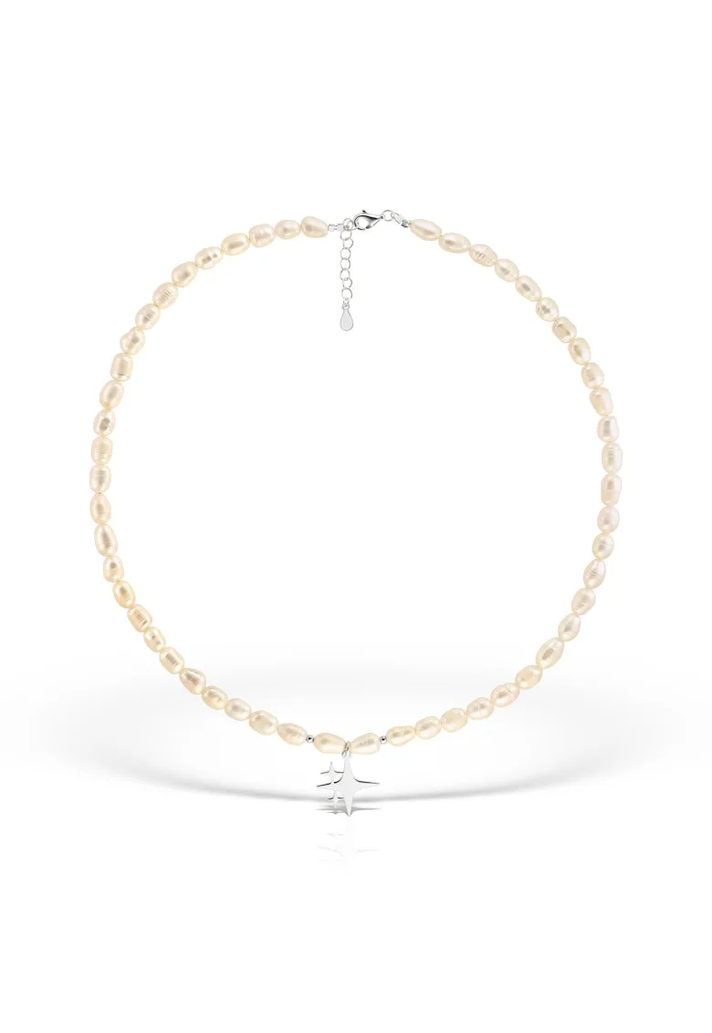 Colier din argint si perle Time to shine, Alb, Produsul este livrat in ambalaj personalizat.