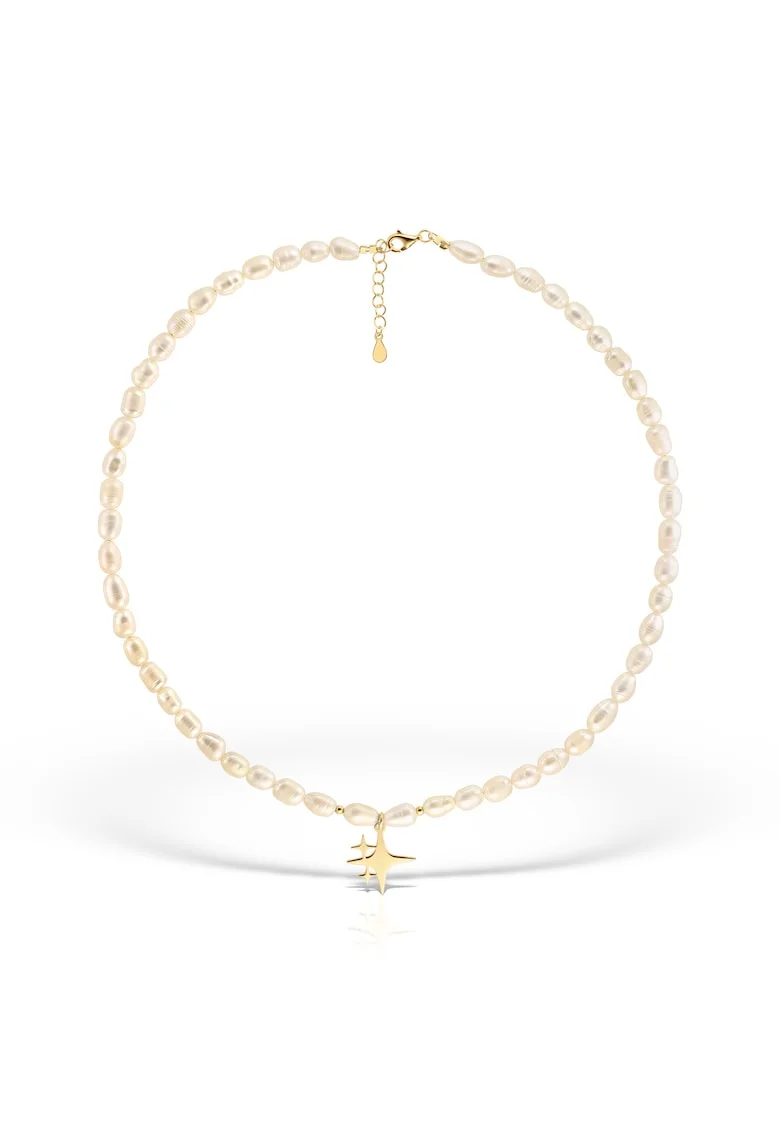 Colier din argint aurit si perle Time to shine, Alb, Produsul este livrat in ambalaj personalizat.