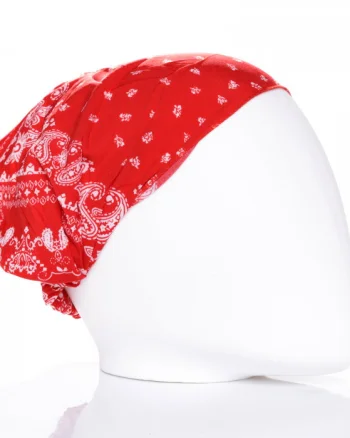 Bandana cu imprimeu alb pe fond rosu si elastic la spate