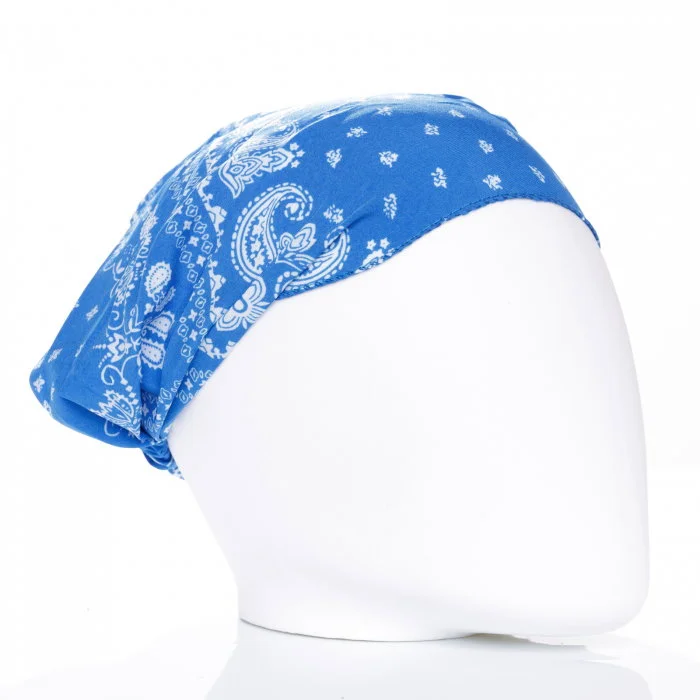 Bandana cu imprimeu alb pe fond albastru si elastic la spate