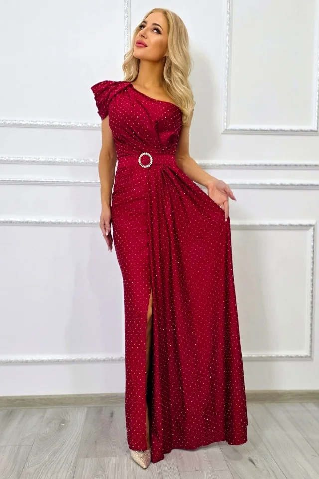 Rochie de seara VelaNORA, texturata integral cu micro-cristale si falduri, Rosu, Marime S/M
