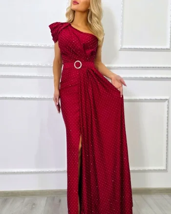 Rochie de seara VelaNORA, texturata integral cu micro-cristale si falduri, Rosu, Marime S/M