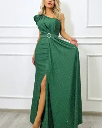 Rochie de seara VelaNORA, texturata integral cu micro-cristale si falduri, Verde, Marime S/M