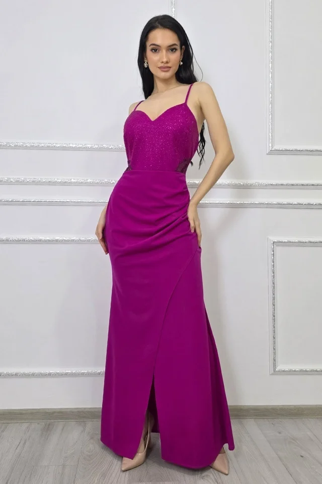 Rochie petrecuta, de seara Serelya, cu dantela si cristale artizanale, Magenta